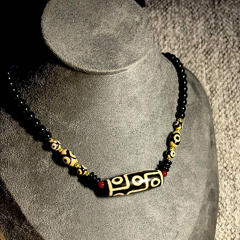 Black and beige DZi  Beaded Necklace